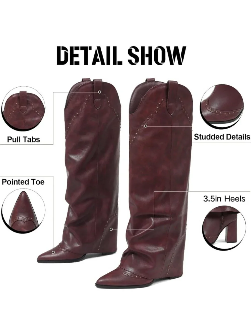 Women's Burgundy Shark Studded Fold Over Knee High Snip Toe Cowgirl Slouch Boots